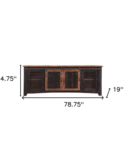 79" Black Solid Wood Cabinet Enclosed Storage Distressed TV Stand