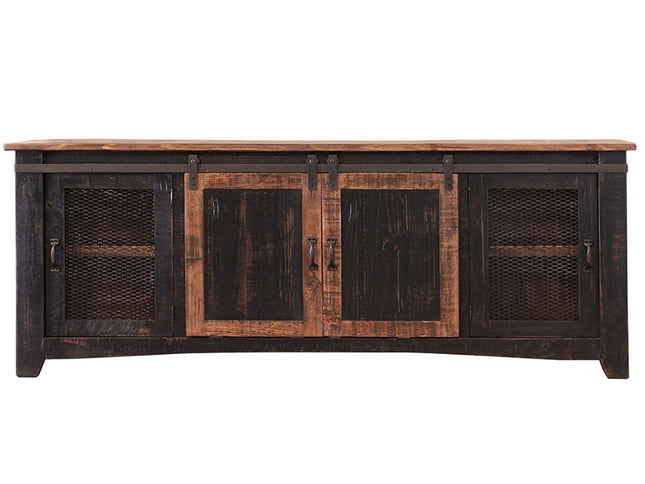 79" Black Solid Wood Cabinet Enclosed Storage Distressed TV Stand