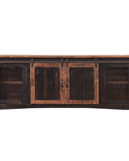 79" Black Solid Wood Cabinet Enclosed Storage Distressed TV Stand