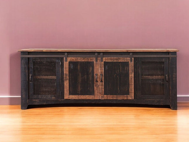 79" Black Solid Wood Cabinet Enclosed Storage Distressed TV Stand
