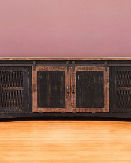 79" Black Solid Wood Cabinet Enclosed Storage Distressed TV Stand