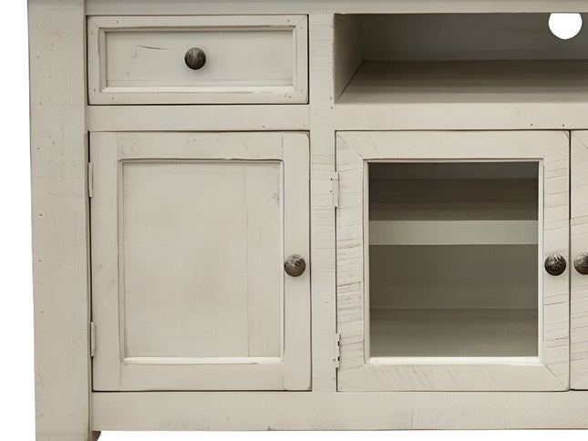 60" Ivory Solid Wood Open shelving Distressed TV Stand