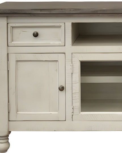 60" Ivory Solid Wood Open shelving Distressed TV Stand