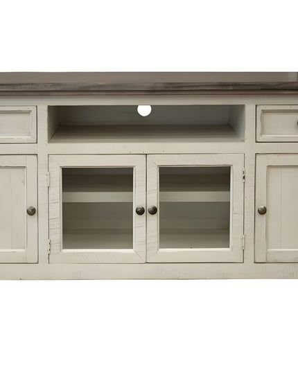 60" Ivory Solid Wood Open shelving Distressed TV Stand
