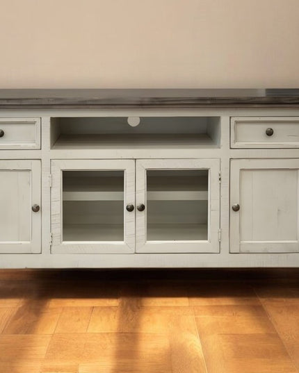 60" Ivory Solid Wood Open shelving Distressed TV Stand