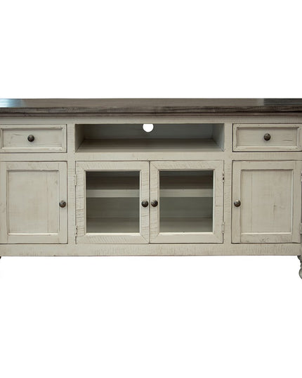 70" Ivory Solid Wood Enclosed Storage Distressed TV Stand