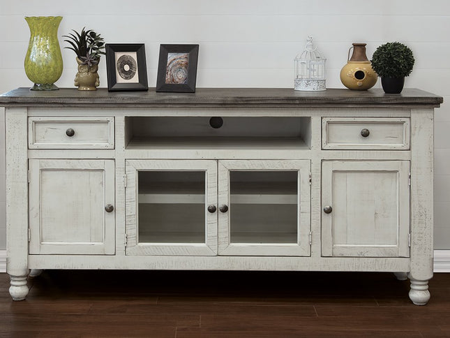 70" Ivory Solid Wood Enclosed Storage Distressed TV Stand