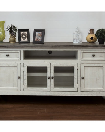 70" Ivory Solid Wood Enclosed Storage Distressed TV Stand
