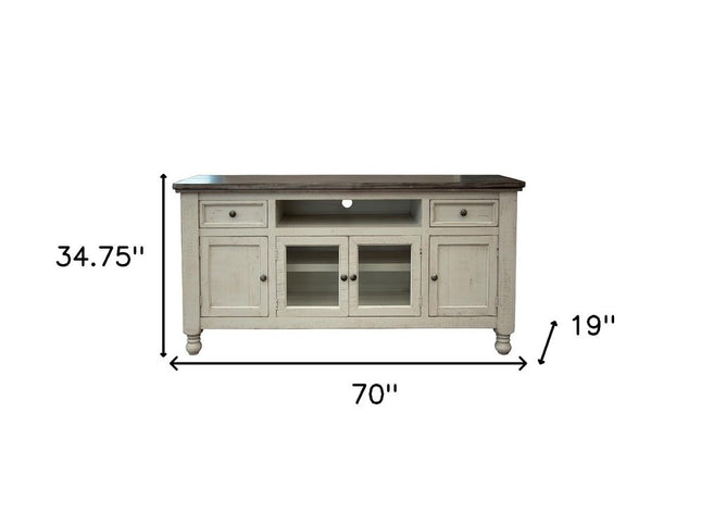 70" Ivory Solid Wood Enclosed Storage Distressed TV Stand