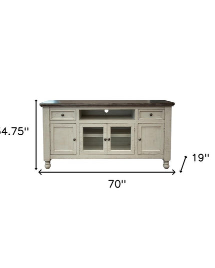 70" Ivory Solid Wood Enclosed Storage Distressed TV Stand