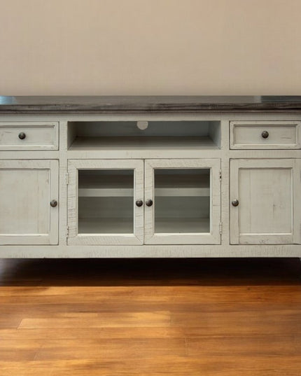 70" Ivory Solid Wood Enclosed Storage Distressed TV Stand