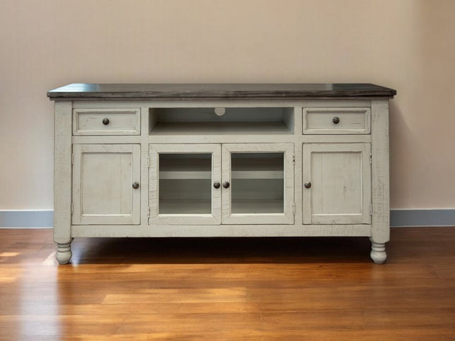 70" Ivory Solid Wood Enclosed Storage Distressed TV Stand