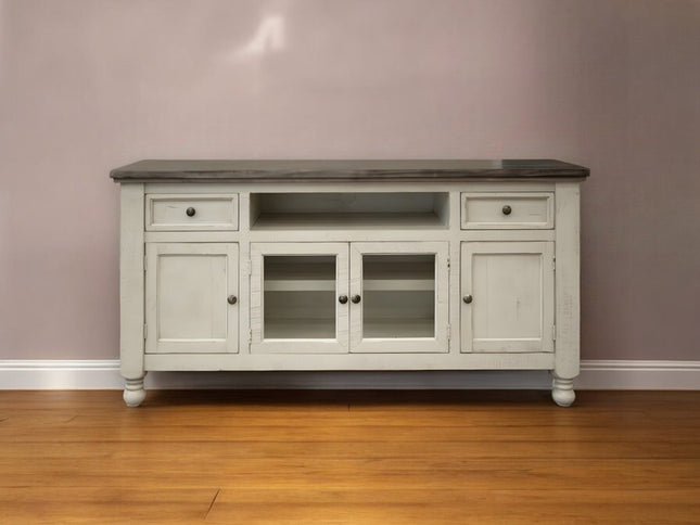 79" Ivory Solid Wood Open shelving Distressed TV Stand