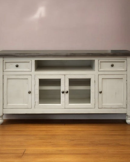 79" Ivory Solid Wood Open shelving Distressed TV Stand