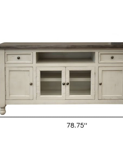 79" Ivory Solid Wood Open shelving Distressed TV Stand