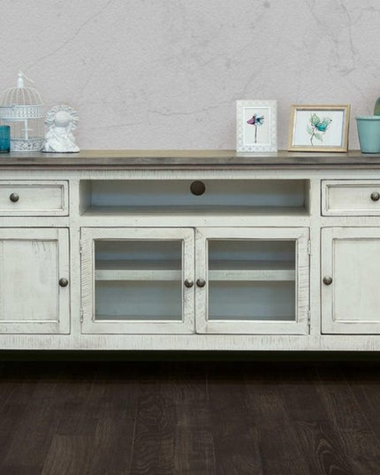 79" Ivory Solid Wood Open shelving Distressed TV Stand