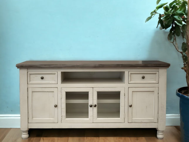 79" Ivory Solid Wood Open shelving Distressed TV Stand