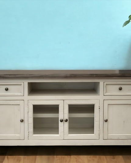 79" Ivory Solid Wood Open shelving Distressed TV Stand