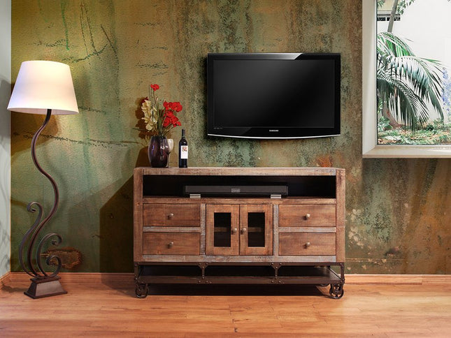 62" Brown Solid Wood Cabinet Enclosed Storage Distressed TV Stand