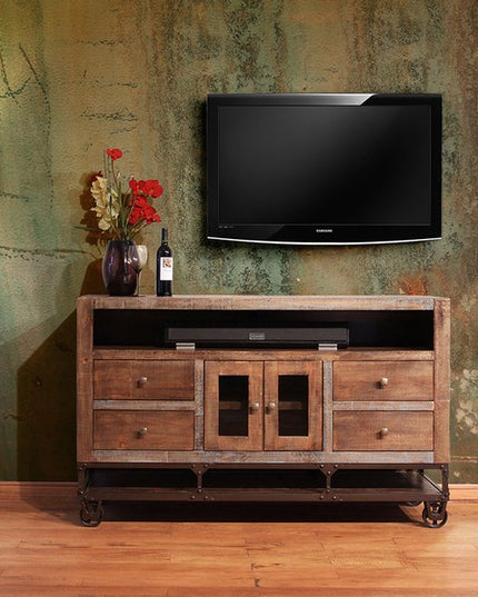 62" Brown Solid Wood Cabinet Enclosed Storage Distressed TV Stand
