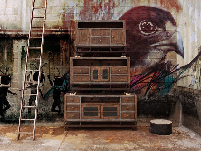 62" Brown Solid Wood Cabinet Enclosed Storage Distressed TV Stand