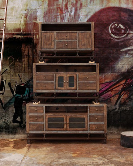 62" Brown Solid Wood Cabinet Enclosed Storage Distressed TV Stand