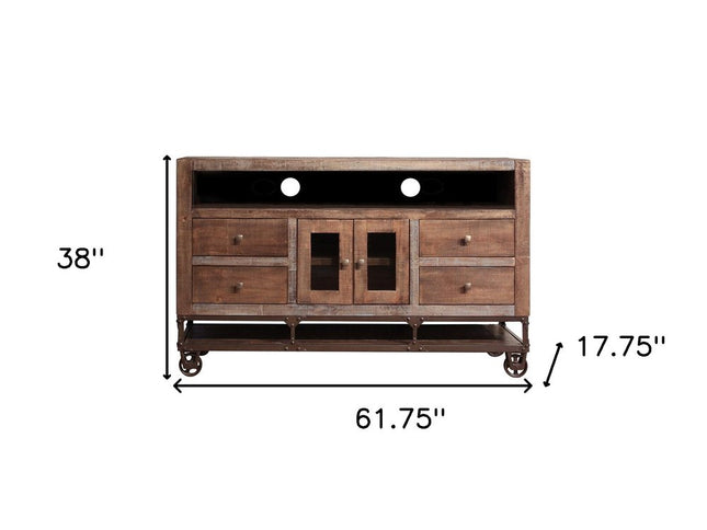 62" Brown Solid Wood Cabinet Enclosed Storage Distressed TV Stand