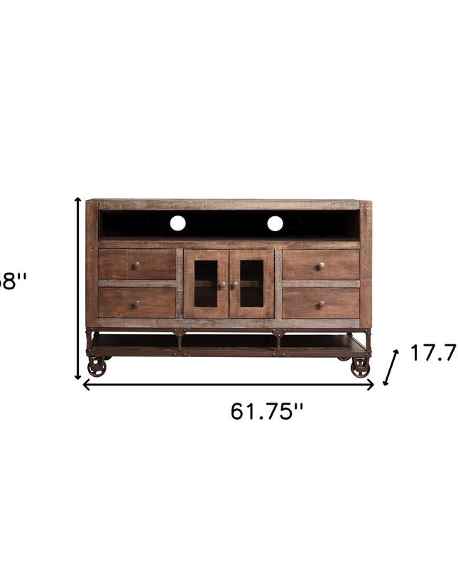 62" Brown Solid Wood Cabinet Enclosed Storage Distressed TV Stand