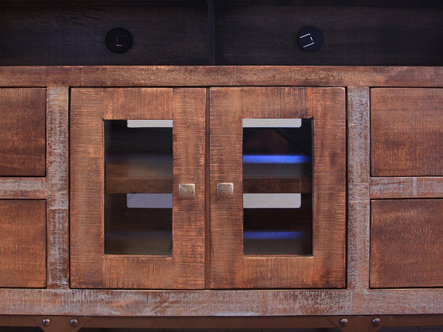 62" Brown Solid Wood Cabinet Enclosed Storage Distressed TV Stand