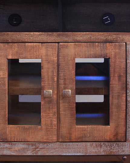 62" Brown Solid Wood Cabinet Enclosed Storage Distressed TV Stand