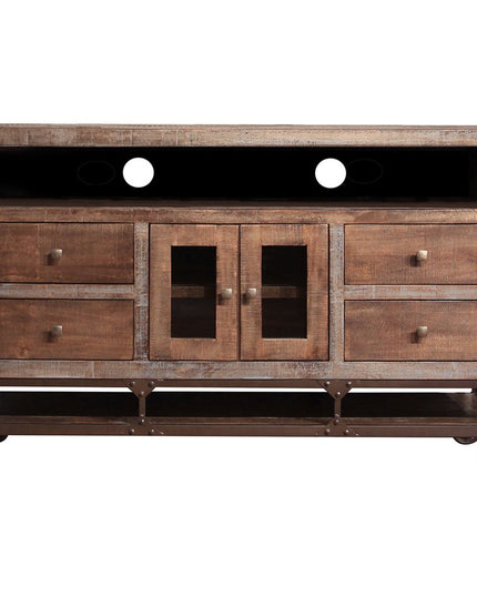 62" Brown Solid Wood Cabinet Enclosed Storage Distressed TV Stand