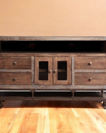 62" Brown Solid Wood Cabinet Enclosed Storage Distressed TV Stand