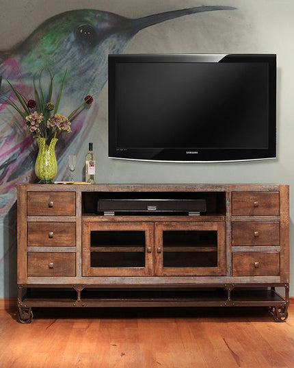 76" Brown Solid Wood Cabinet Enclosed Storage Distressed TV Stand