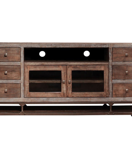 76" Brown Solid Wood Cabinet Enclosed Storage Distressed TV Stand
