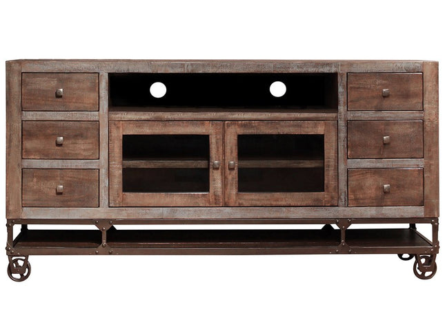 76" Brown Solid Wood Cabinet Enclosed Storage Distressed TV Stand