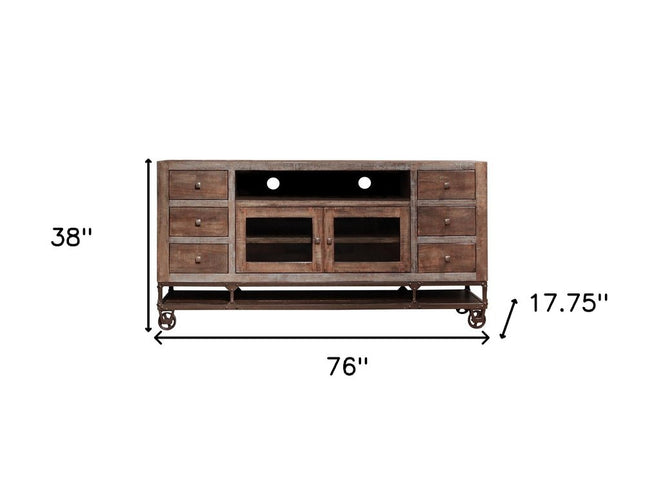 76" Brown Solid Wood Cabinet Enclosed Storage Distressed TV Stand