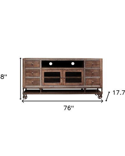 76" Brown Solid Wood Cabinet Enclosed Storage Distressed TV Stand