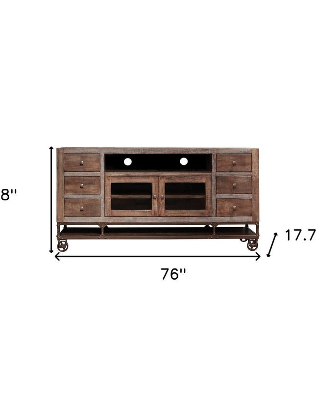 76" Brown Solid Wood Cabinet Enclosed Storage Distressed TV Stand