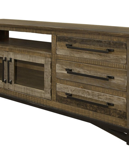 61" Brown Solid Wood Cabinet Enclosed Storage Distressed TV Stand