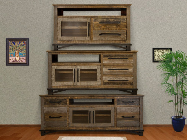 61" Brown Solid Wood Cabinet Enclosed Storage Distressed TV Stand