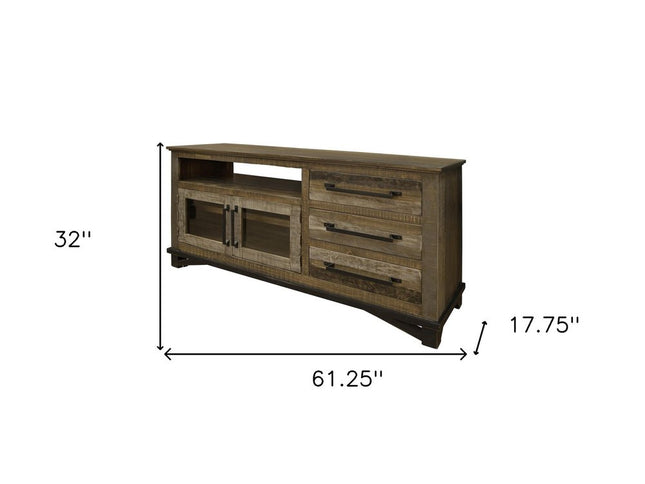 61" Brown Solid Wood Cabinet Enclosed Storage Distressed TV Stand