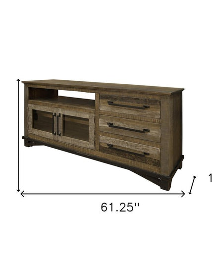 61" Brown Solid Wood Cabinet Enclosed Storage Distressed TV Stand