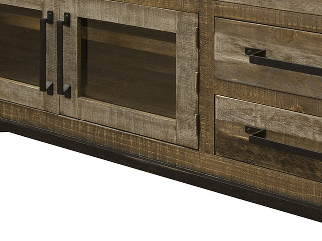 61" Brown Solid Wood Cabinet Enclosed Storage Distressed TV Stand