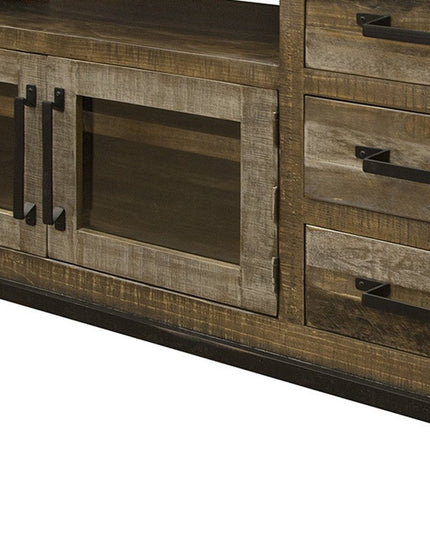 61" Brown Solid Wood Cabinet Enclosed Storage Distressed TV Stand