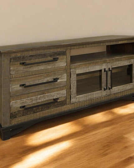 61" Brown Solid Wood Cabinet Enclosed Storage Distressed TV Stand