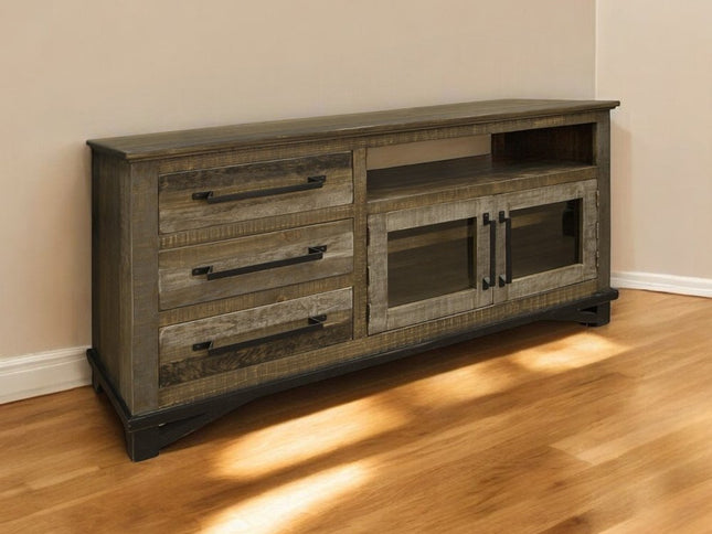 61" Brown Solid Wood Cabinet Enclosed Storage Distressed TV Stand