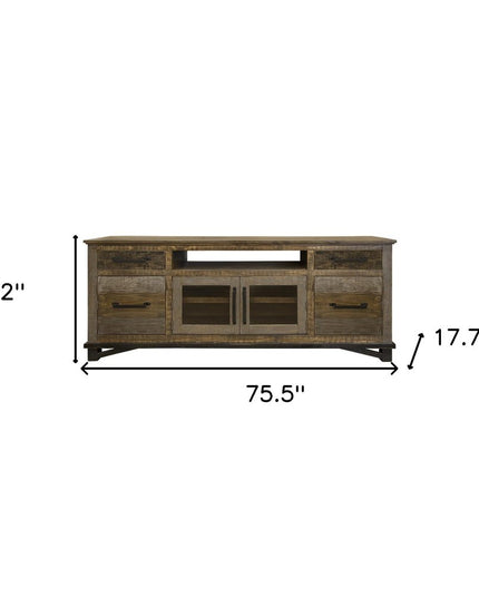 76" Brown Solid Wood Cabinet Enclosed Storage Distressed TV Stand