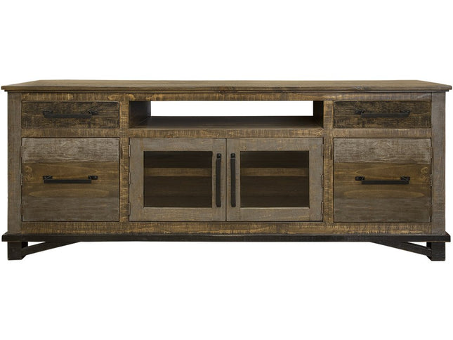 76" Brown Solid Wood Cabinet Enclosed Storage Distressed TV Stand