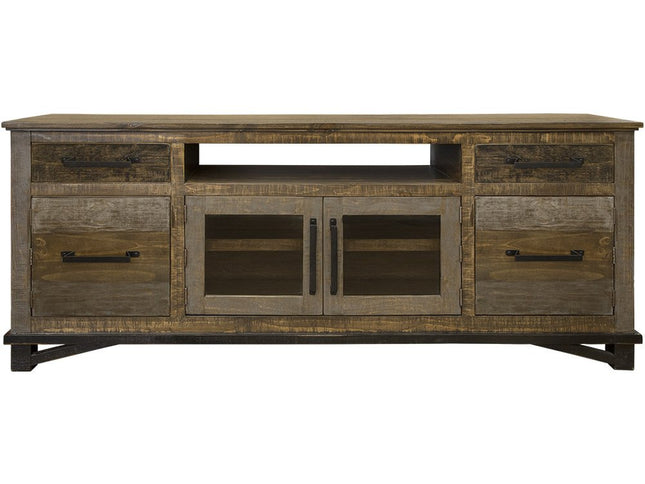76" Brown Solid Wood Cabinet Enclosed Storage Distressed TV Stand