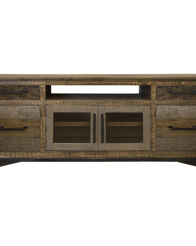 76" Brown Solid Wood Cabinet Enclosed Storage Distressed TV Stand